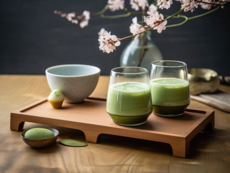 Matcha in glass on wooden tray, Japanese drinks. Generative AIの素材