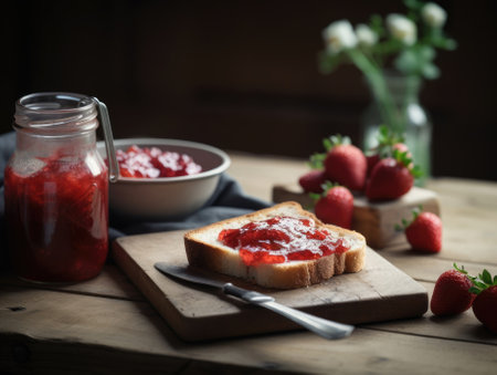 Toast with strawberry jam for breakfast on wooden table. Generative AIの素材