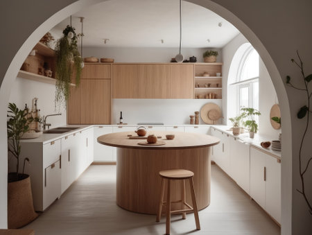 Contemporary wooden dining room and kitchen. Generative AIの素材