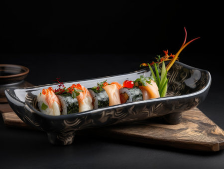 Delicious sushi rolls on black table, Japanese food. Generative AIの素材
