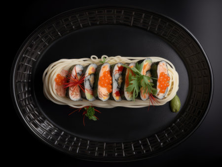 Top view of delicious sushi rolls on black table, Japanese food. Generative AIの素材