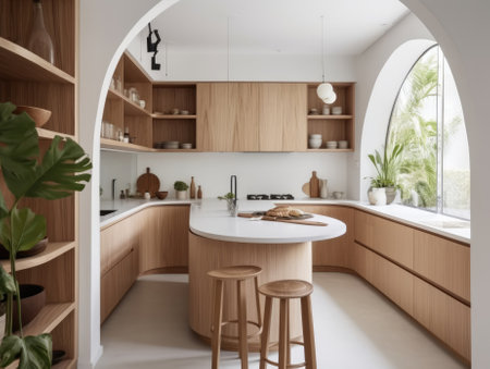 Contemporary wooden dining room and kitchen. Generative AIの素材