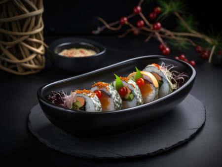 Delicious sushi rolls on black table, Japanese food. Generative AIの素材