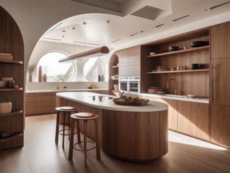 Contemporary wooden dining room and kitchen. Generative AIの素材