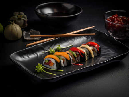 Top view of delicious sushi rolls on black table, Japanese food. Generative AIの素材