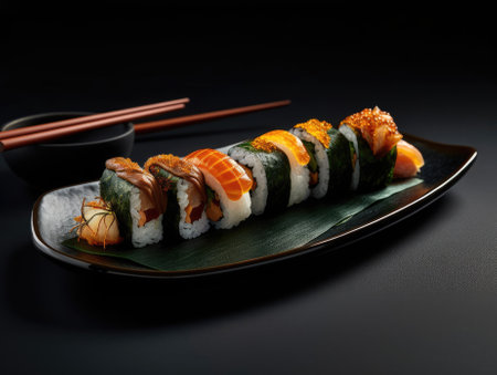 Delicious sushi rolls on black table, Japanese food. Generative AIの素材
