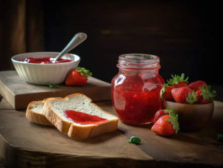 Toast with strawberry jam for breakfast on wooden table. Generative AIの素材