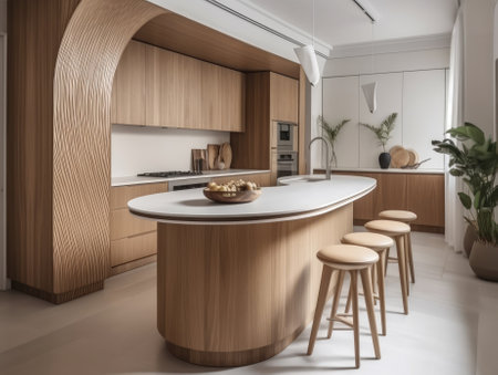 Contemporary wooden dining room and kitchen. Generative AIの素材