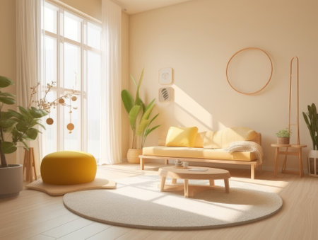 Yellow Japanese style living room with wooden decoration. Generative AIの素材