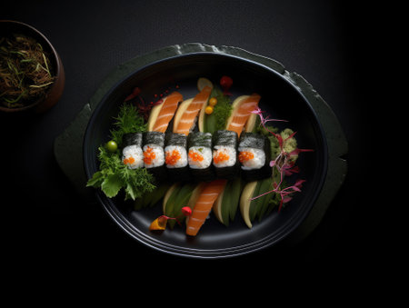 Top view of delicious sushi rolls on black table, Japanese food. Generative AIの素材