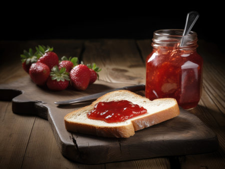 Toast with strawberry jam for breakfast on wooden table. Generative AIの素材