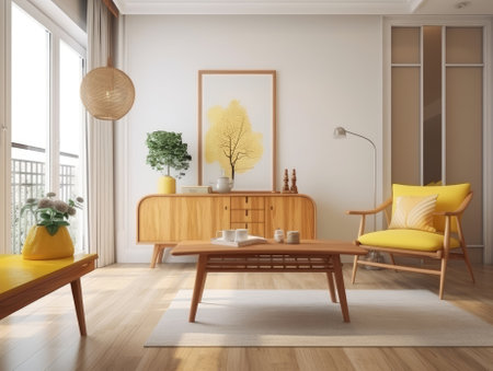 Yellow Japanese style living room with wooden decoration. Generative AIの素材