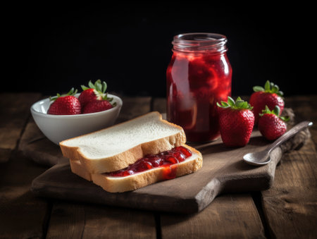 Toast with strawberry jam for breakfast on wooden table. Generative AIの素材