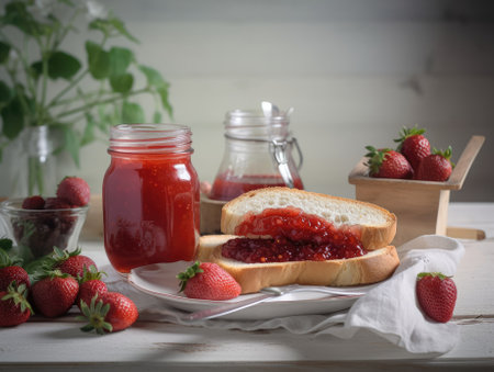 Toast with strawberry jam for breakfast on white table. Generative AIの素材