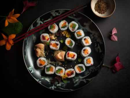 Top view of delicious sushi rolls on black table, Japanese food. Generative AIの素材