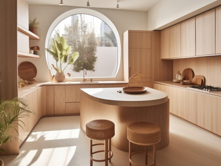 Contemporary wooden dining room and kitchen. Generative AIの素材