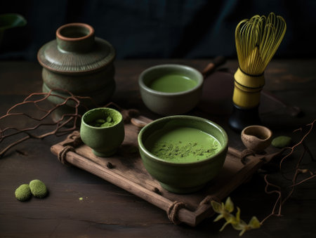 Organic matcha green tea ceremony on table. Generative AIの素材