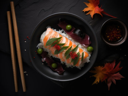 Top view of delicious sushi rolls on black table, Japanese food. Generative AIの素材