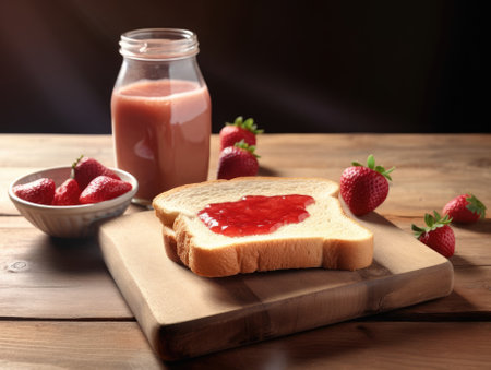 Toast with strawberry jam for breakfast on wooden table. Generative AIの素材