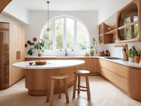 Contemporary wooden dining room and kitchen. Generative AIの素材