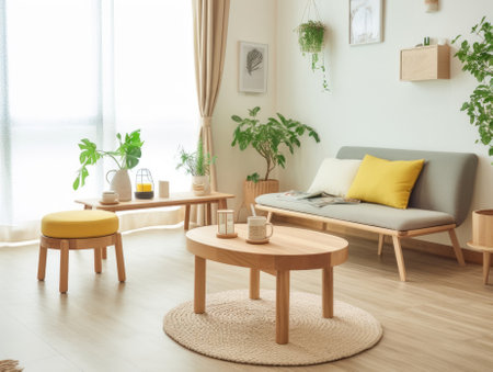 Yellow Japanese style living room with wooden decoration. Generative AIの素材