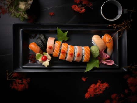 Top view of delicious sushi rolls on black table, Japanese food. Generative AIの素材