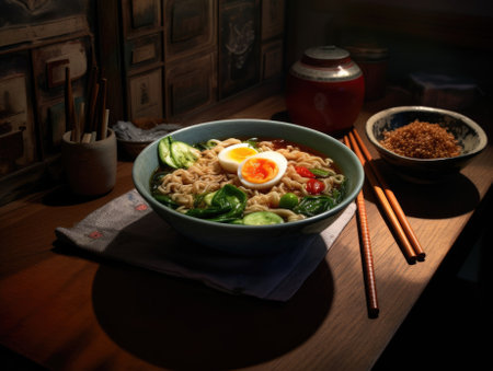 Hot delicious Japanese ramen noodles with egg. Generative AIの素材