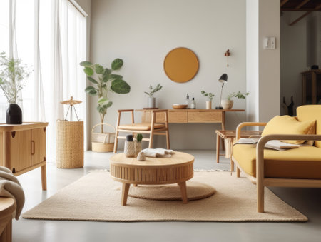 Yellow Japanese style living room with wooden decoration. Generative AIの素材