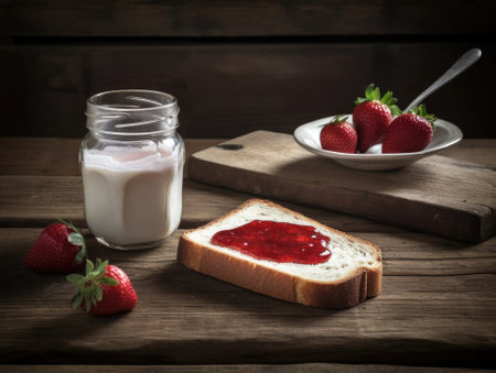 Toast with strawberry jam for breakfast on wooden table. Generative AIの素材