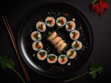 Top view of delicious sushi rolls on black table, Japanese food. Generative AIの素材