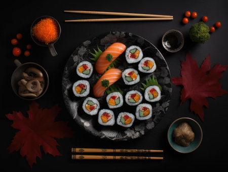 Top view of delicious sushi rolls on black table, Japanese food. Generative AIの素材