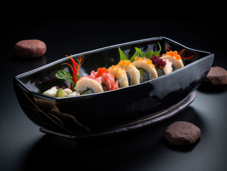 Delicious sushi rolls on black table, Japanese food. Generative AIの素材