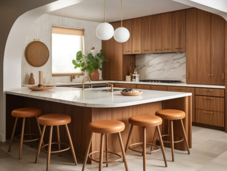 Contemporary wooden dining room and kitchen. Generative AIの素材