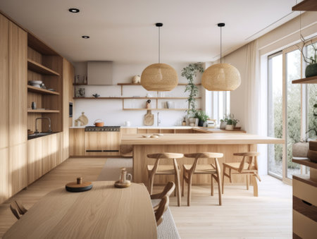 Contemporary wooden dining room and kitchen. Generative AIの素材