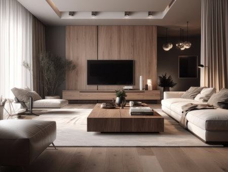Scandinavian comfortable living room, wooden floor and furniture. Generative AIの素材