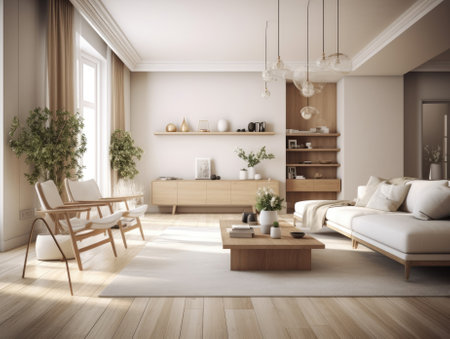 Scandinavian comfortable living room, wooden floor and furniture. Generative AIの素材