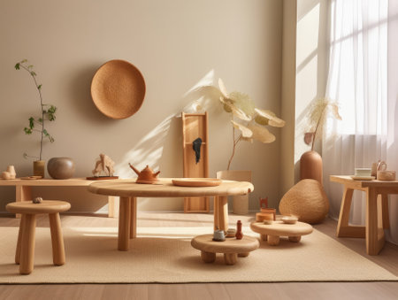 Yellow Japanese style living room with wooden decoration. Generative AIの素材