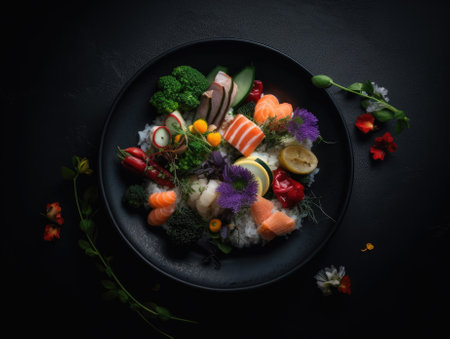 Top view of delicious sushi rolls on black table, Japanese food. Generative AIの素材