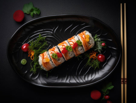 Top view of delicious sushi rolls on black table, Japanese food. Generative AIの素材