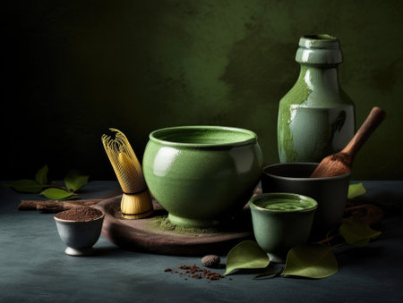 Organic matcha green tea ceremony on table. Generative AIの素材