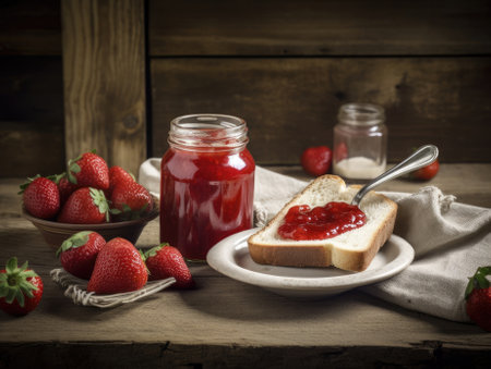 Toast with strawberry jam for breakfast on wooden table. Generative AIの素材