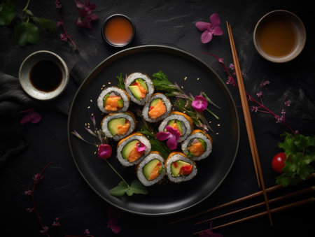 Top view of delicious sushi rolls on black table, Japanese food. Generative AIの素材