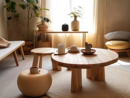 Yellow Japanese style living room with wooden decoration. Generative AIの素材