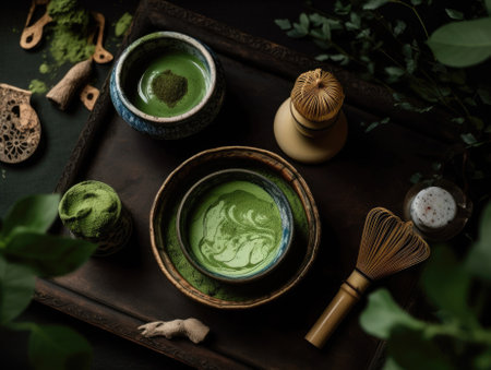 Organic matcha green tea ceremony on table. Generative AIの素材
