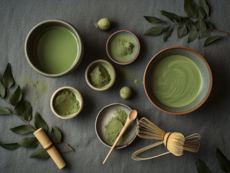 Organic matcha green tea ceremony on table. Generative AIの素材
