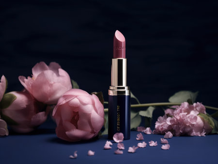 Beautiful pink lipstick with blue luxury case and pink flowers. Generative AIの素材