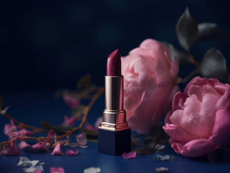 Beautiful pink lipstick with blue luxury case and pink flowers. Generative AIの素材