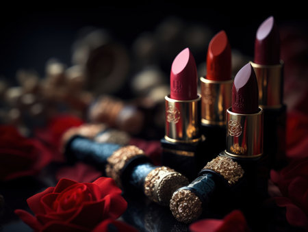 luxurious red lipstick on dark background. Generative AIの素材