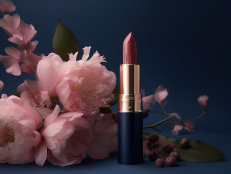 Beautiful pink lipstick with blue luxury case and pink flowers. Generative AIの素材