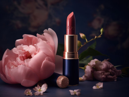 Beautiful pink lipstick with blue luxury case and pink flowers. Generative AIの素材
